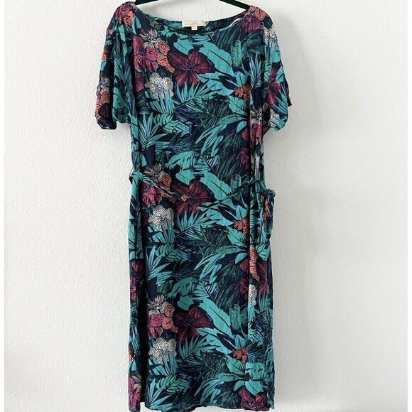 Ann Taylor Loft Linen Tropical Dress Womens Sz14 Blue Short Sleeve Tie Waist - Picture 1 of 10